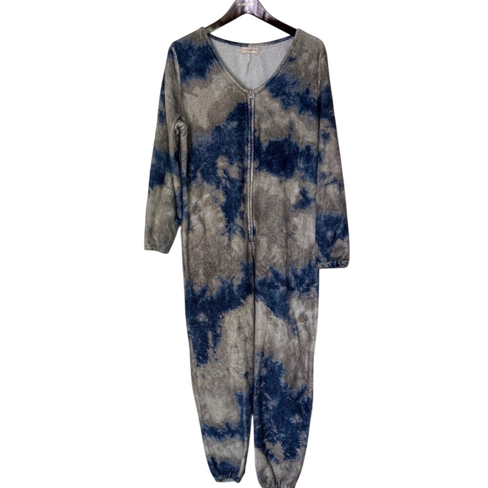 Natural Life Tie-Dye‎ Fleece Zip Pajama Jumpsuit Blue Gray Medium - Picture 2 of 8